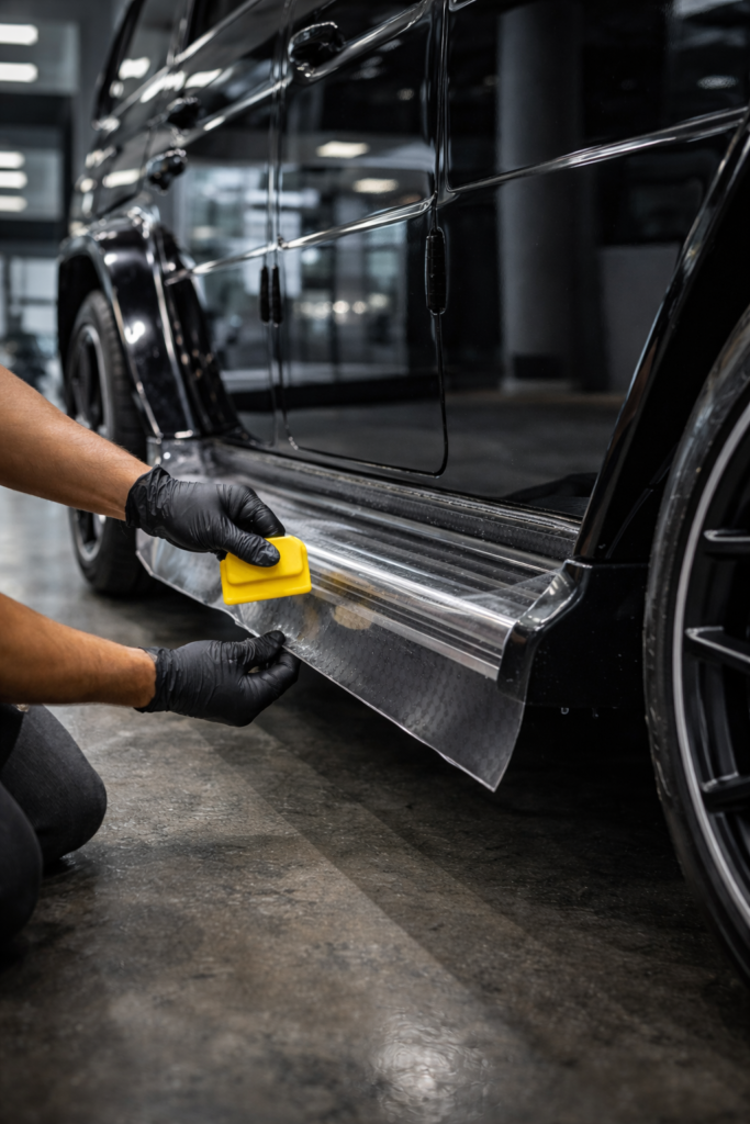 technician installing paint protection film on car side panel during PPF installation